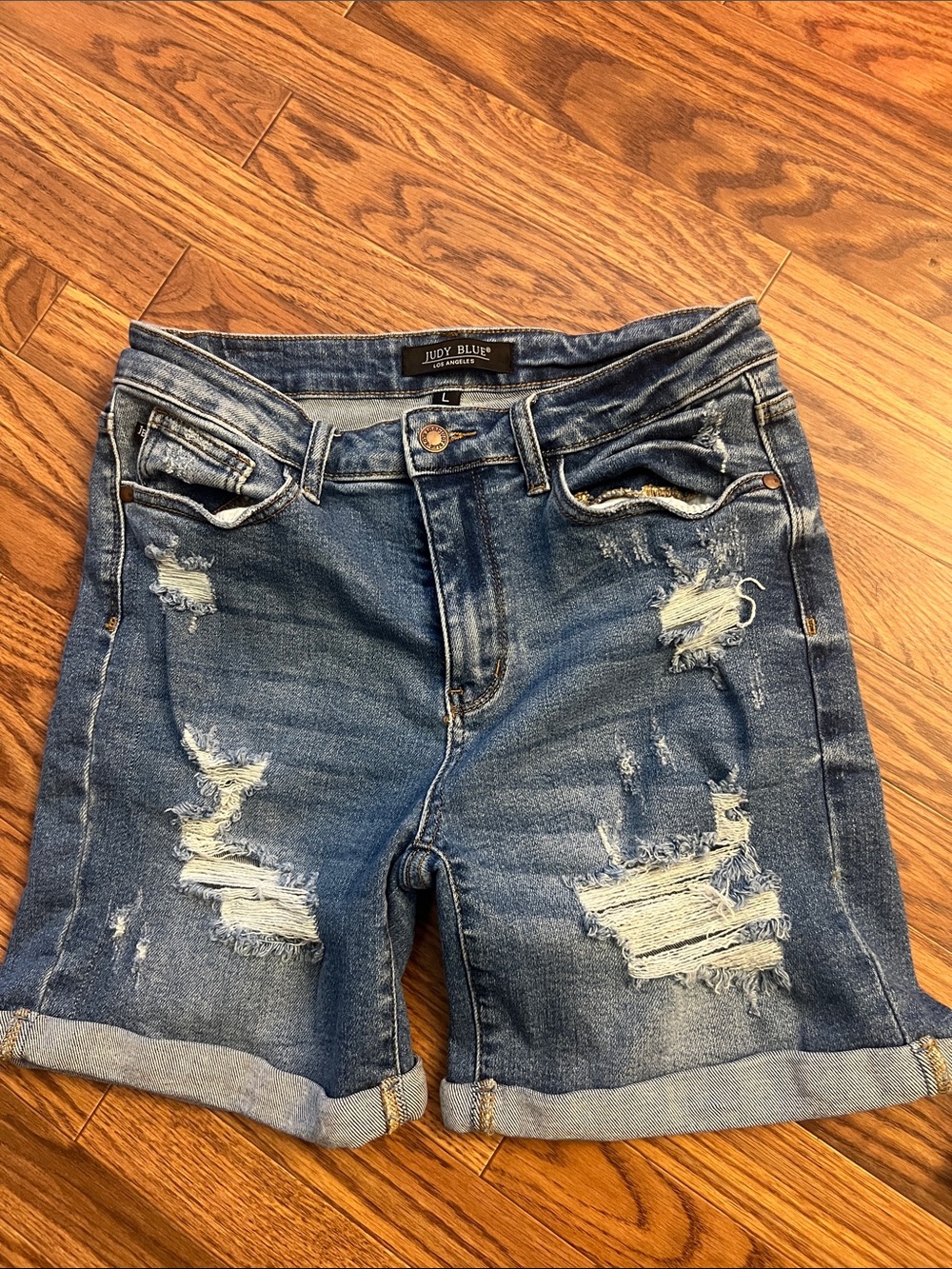 Judy Blue Distressed Rolled-Cuff Denim Shorts - Blue